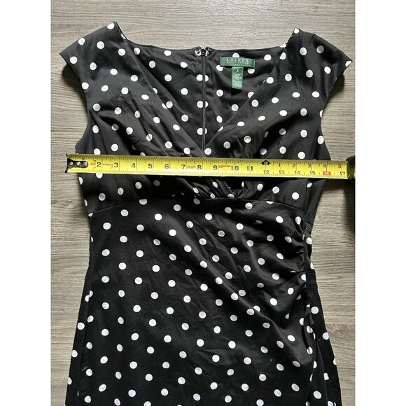 Lauren Ralph Lauren Sheath Dress Black White Polka Dot Ruched Faux Wrap Size 8 - Picture 8 of 9